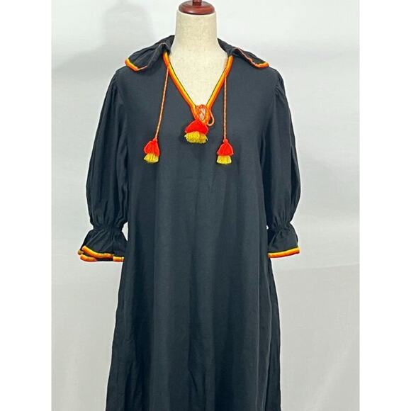 ELEVEN March 11 Sz S Small Black Linen Orange Yellow Trim Tassels Midi Dress - Picture 8 of 10